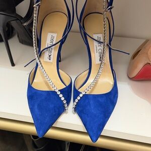 Jimmy Choo Royal Blue Suede Heels with Crystal Straps